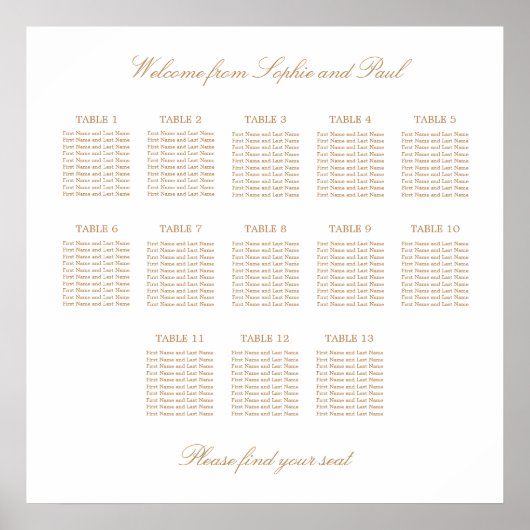 Wit Goud Beige 13 Tafel Trouwstoelindeling Poster (Voorkant)