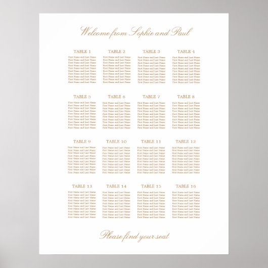 Wit Goud Beige 16 Tafel Trouwstoelindeling Poster (Voorkant)