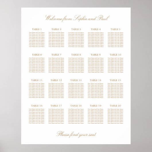 Wit Goud Beige 20 Tafel Trouwstoelindeling Poster (Voorkant)
