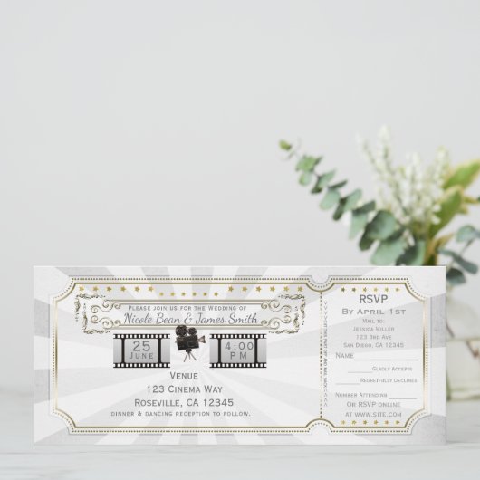 Wit Goud Bioscoop Huwelijkskaartje & RSVP Kaart (Staand voorkant)