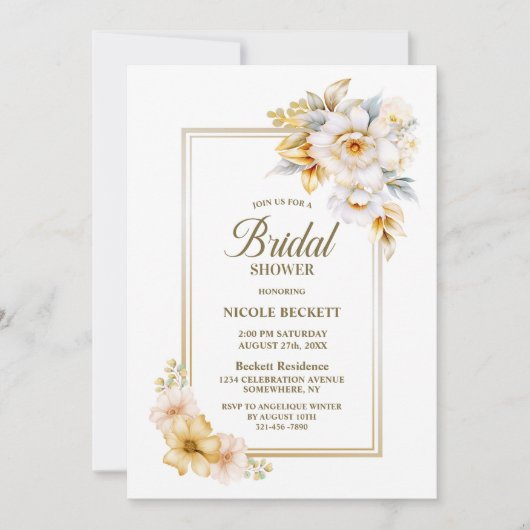 Wit Goud Bloemen Bruids Douche Uitnodiging (Voorkant)