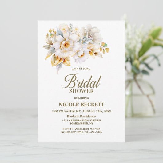 Wit Goud Bloemen Bruids Douche Uitnodiging (Staand voorkant)