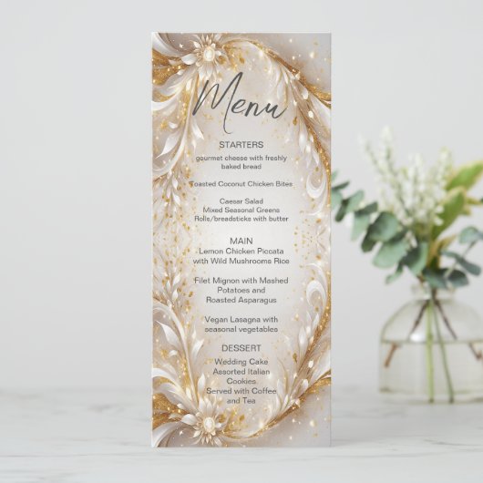 Wit Goud Bloemen Bruiloft Menu (Staand voorkant)