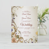 Wit Goud Bloemen bruiloft uitnodiging (Staand voorkant)