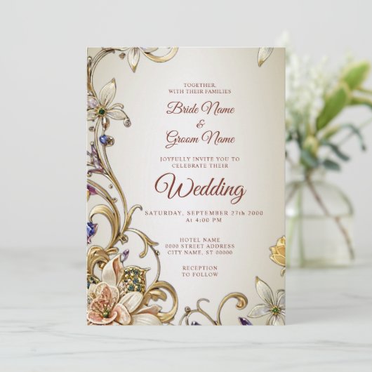 Wit Goud Bloemen bruiloft uitnodiging (Staand voorkant)