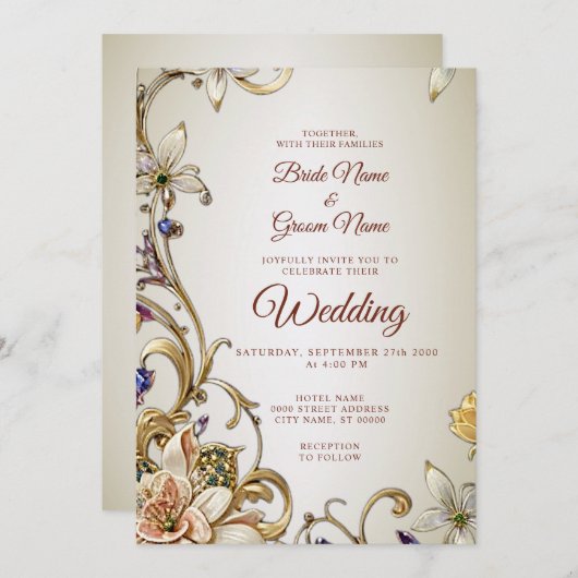 Wit Goud Bloemen bruiloft uitnodiging (Voorkant / Achterkant)