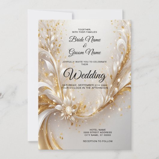 Wit Goud Bloemen bruiloft uitnodiging (Voorkant)