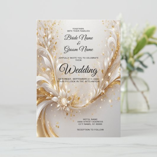 Wit Goud Bloemen bruiloft uitnodiging (Staand voorkant)