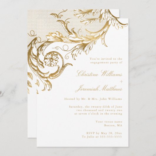 Wit Goud Bloemen Damask Engagement Party Kaart (Voorkant / Achterkant)