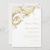 Wit Goud Bloemen Damask Monogram Huwelijk Kaart (Voorkant)