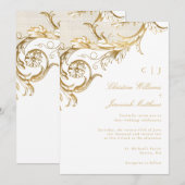 Wit Goud Bloemen Damask Monogram Huwelijk Kaart (Voorkant / Achterkant)