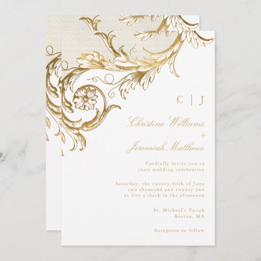 Wit Goud Bloemen Damask Monogram Huwelijk Kaart (Voorkant / Achterkant)