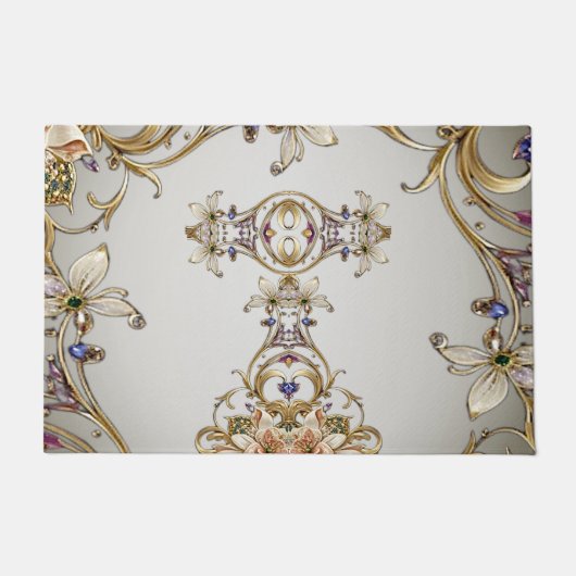 Wit Goud Bloemen Doormat Deurmat (Voorkant)