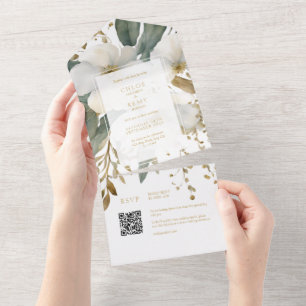 Wit & Goud Bloemen Foliage Waterverf Bruiloft All In One Uitnodiging