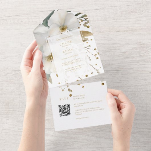 Wit & Goud Bloemen Foliage Waterverf Bruiloft All In One Uitnodiging (Afscheurbaar)