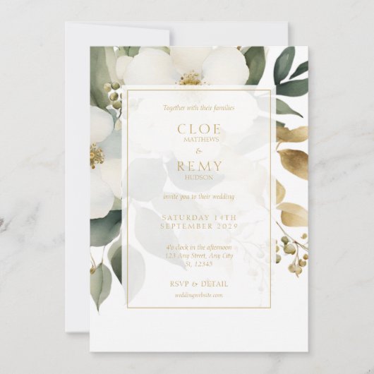 Wit & Goud Bloemen Foliage Waterverf Bruiloft In Kaart (Voorkant)