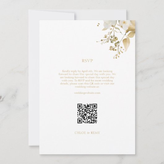 Wit & Goud Bloemen Foliage Waterverf Bruiloft QR Kaart (Achterkant)