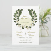 Wit & Goud Bloemen Groene krans Save the Date Kaart (Staand voorkant)