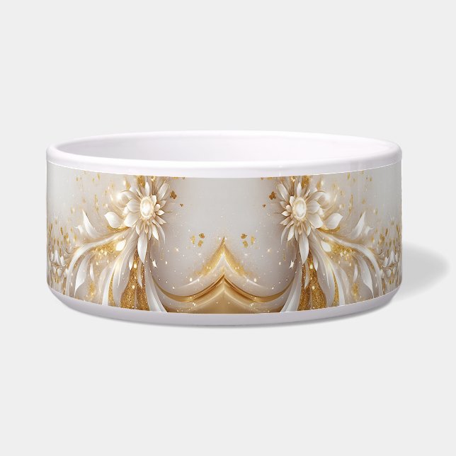 Wit Goud Bloemen Keramische Pet Bowl Voerbakje (Voorkant)