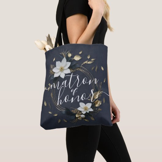 Wit & Goud Bloemen Krans Bruiloft Matron of Honor Tote Bag (Dichtbij)