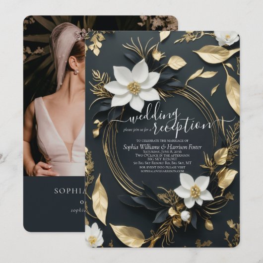 Wit Goud Bloemen Krans Bruiloft Receptie Foto Kaart (Voorkant / Achterkant)