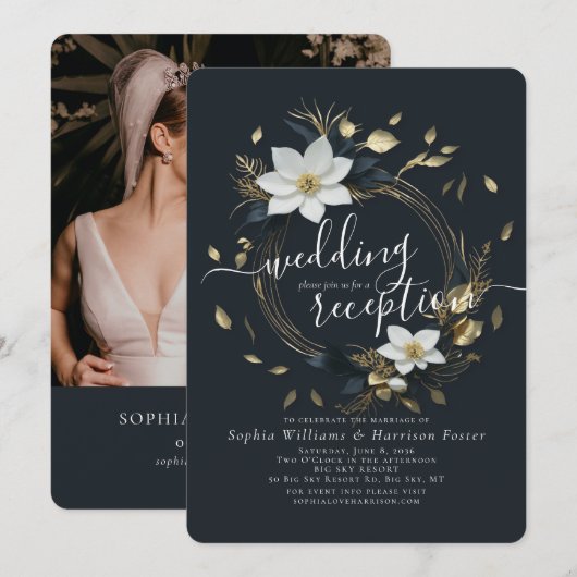 Wit Goud Bloemen Krans Bruiloft Receptie Foto Kaart (Voorkant / Achterkant)