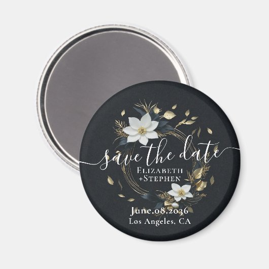 Wit Goud Bloemen Krans Bruiloft Save The Date Magneet (Voorkant / Achterkant)