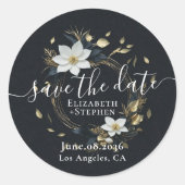 Wit Goud Bloemen Krans Bruiloft Save The Date Ronde Sticker (Voorkant)