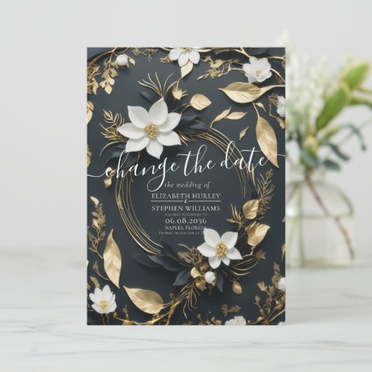 Wit Goud Bloemen Krans Bruiloft Verander de datum Save The Date (Staand voorkant)