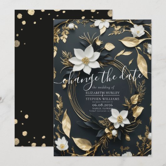 Wit Goud Bloemen Krans Bruiloft Verander de datum Save The Date (Voorkant / Achterkant)