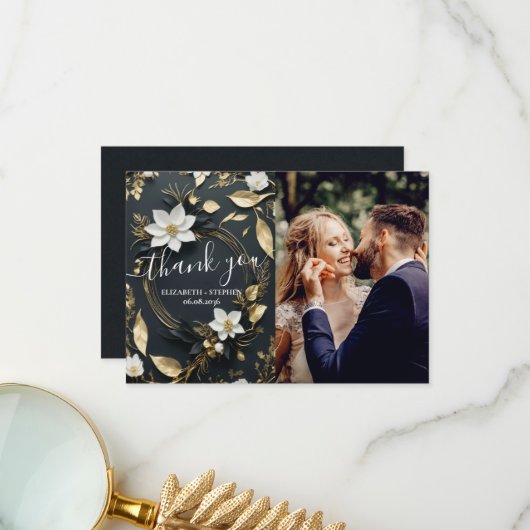 Wit Goud Bloemen Krans Trouwfoto Dank u Bedankkaart (Voorkant / Achterkant in situ)