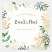 Wit Goud Bloemen Meisje Baby shower Bookplate Vierkante Sticker (Voorkant)