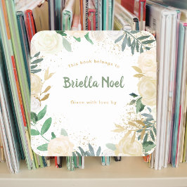 Wit Goud Bloemen Meisje Baby shower Bookplate Vierkante Sticker