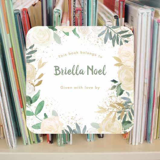 Wit Goud Bloemen Meisje Baby shower Bookplate Vierkante Sticker