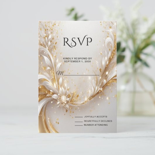 Wit Goud Bloemen RSVP-kaart RSVP Kaartje (Staand voorkant)