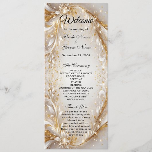 Wit Goud Bloemen Trouwprogramma Programmakaart (Voorkant)
