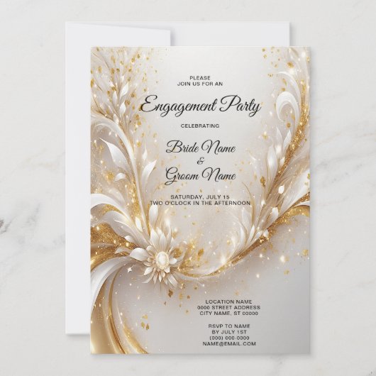 Wit Goud Bloemen Verloving Invitation Kaart (Voorkant)