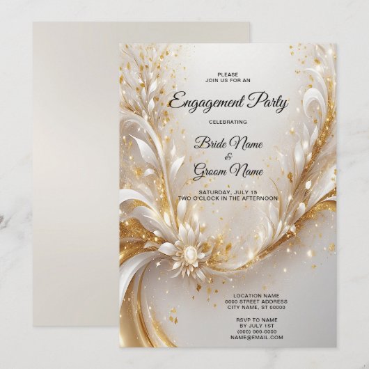 Wit Goud Bloemen Verloving Invitation Kaart (Voorkant / Achterkant)