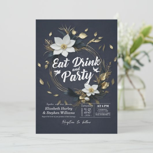 Wit Goud Bloemenkrans EAT Drink & Feestbruiloft Kaart (Staand voorkant)