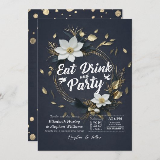 Wit Goud Bloemenkrans EAT Drink & Feestbruiloft Kaart (Voorkant / Achterkant)