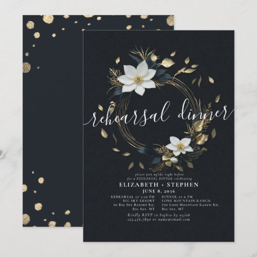 Wit Goud Bloemenkrans Huwelijksrepetitie Diner Kaart (Voorkant / Achterkant)