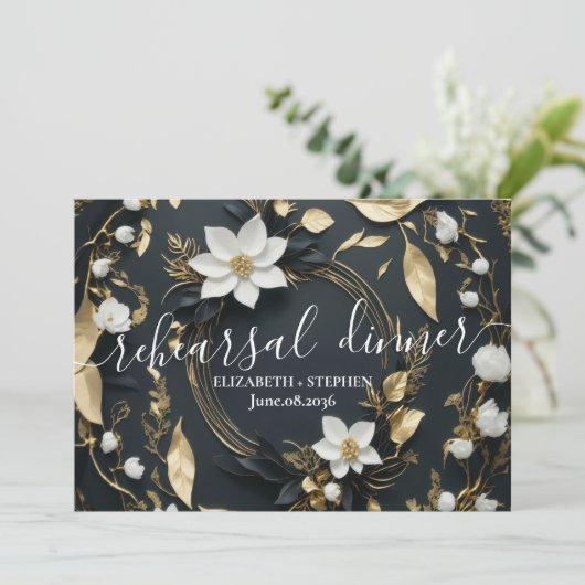 Wit Goud Bloemenkrans Huwelijksrepetitie Diner Kaart (Staand voorkant)