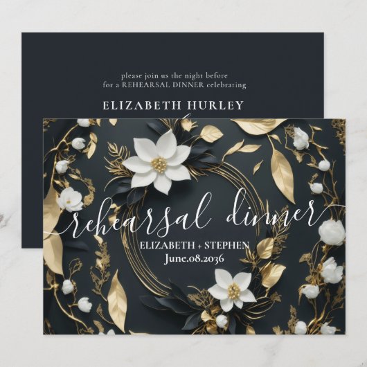 Wit Goud Bloemenkrans Huwelijksrepetitie Diner Kaart (Voorkant / Achterkant)