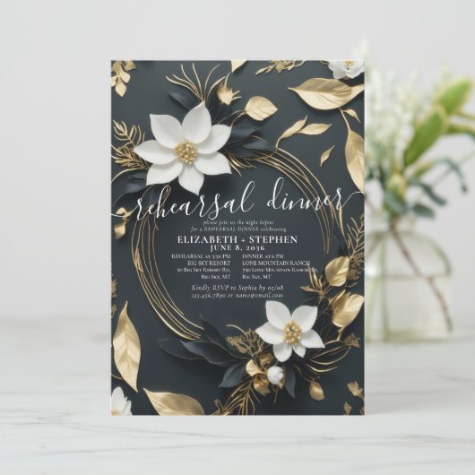 Wit Goud Bloemenkrans Huwelijksrepetitie Diner Kaart (Staand voorkant)