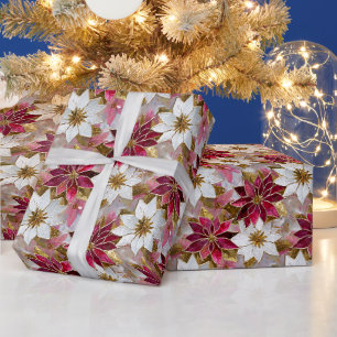 Wit Goud Bourgondi Roze Kerst Poinsettia's Cadeaupapier