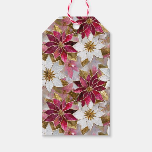 Wit Goud Bourgondië Roze Kerstmis Poinsettias Cadeaulabel (Voorkant)