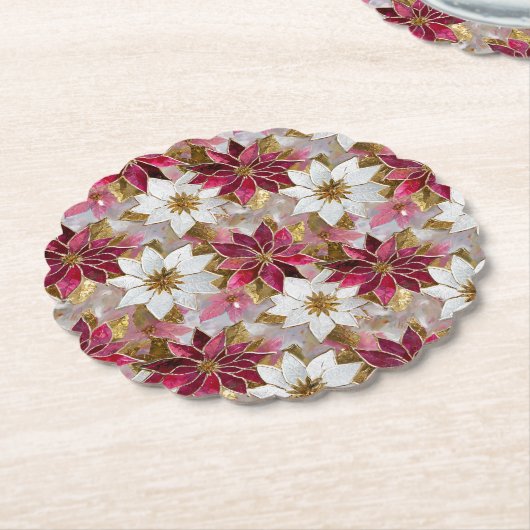 Wit Goud Bourgondië Roze Kerstmis Poinsettias Kartonnen Onderzetters (Gekanteld)