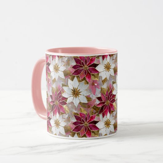 Wit Goud Bourgondië Roze Kerstmis Poinsettias Mok (Voorkant links)