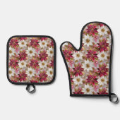 Wit Goud Bourgondië Roze Kerstmis Poinsettias Ovenwant & Pannenlap Set (Voorkant)