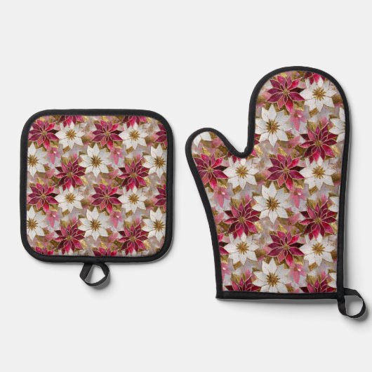 Wit Goud Bourgondië Roze Kerstmis Poinsettias Ovenwant & Pannenlap Set (Voorkant)
